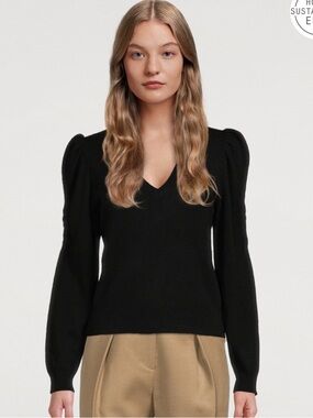 FRAME Frankie Puff Ruched Long Sleeve Cashmere V-Neck Sweater